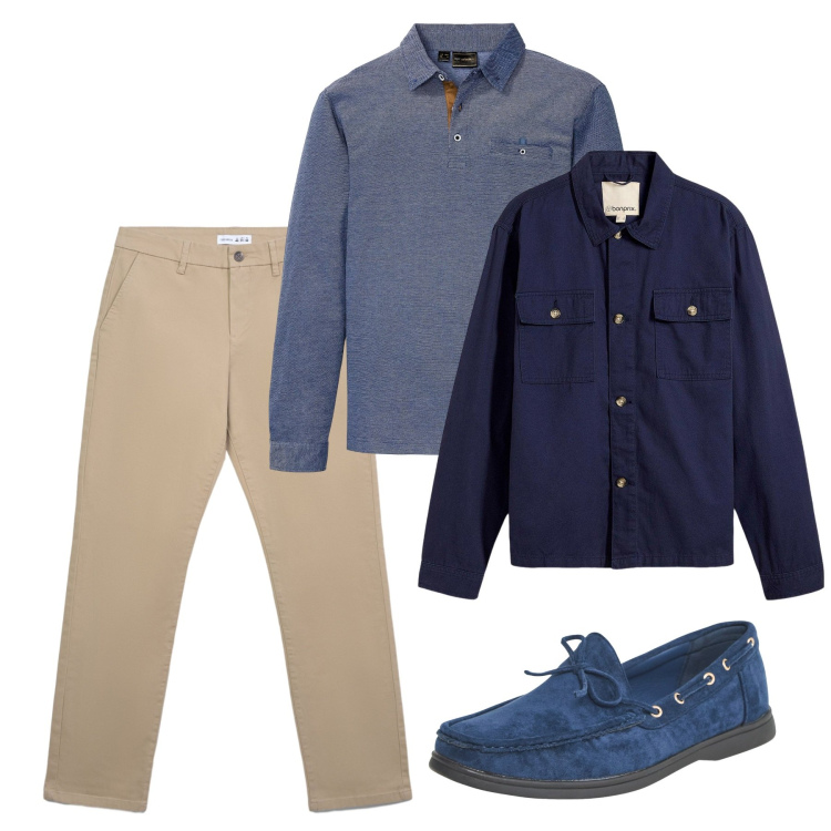 Outfit uomo - Settembre. Stile Casual per Tutti i giorni. Abbinamento con polo, giacche, scarpe stringate, pantaloni chino.
