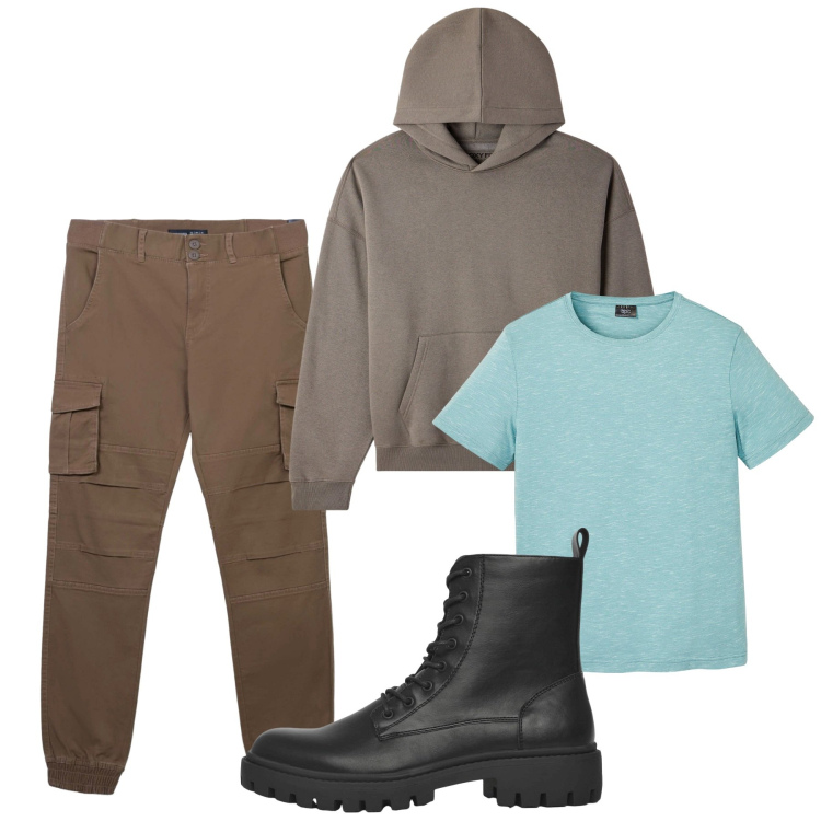 Outfit uomo - Autunno. Stile Urban per Tutti i giorni. Abbinamento con t-shirt, anfibi, pantaloni cargo, felpe con cappuccio.