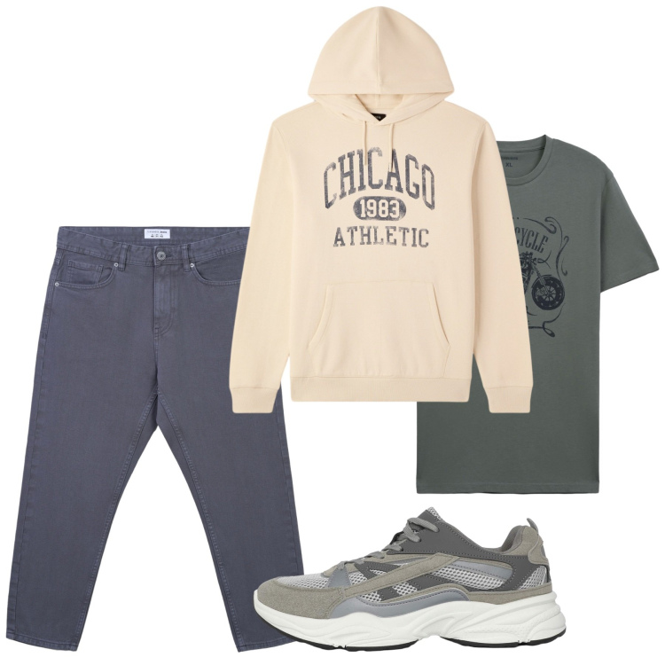 Outfit uomo - Settembre. Stile Casual per Tutti i giorni. Abbinamento con sneakers, t-shirt, jeans, felpe con cappuccio.