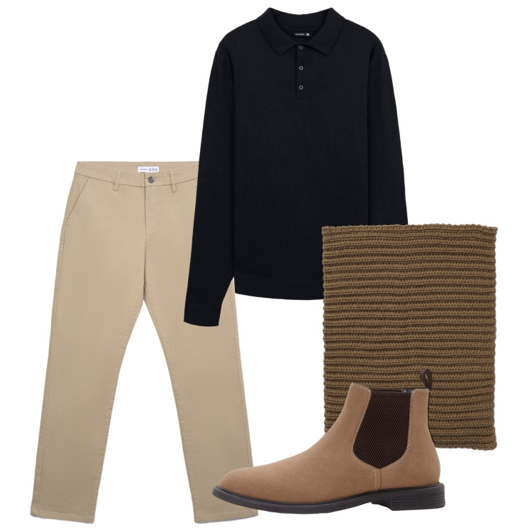 Outfit uomo - Settembre. Stile Casual per Tutti i giorni. Abbinamento con stivali e stivaletti, pantaloni chino, polo, scaldacollo.