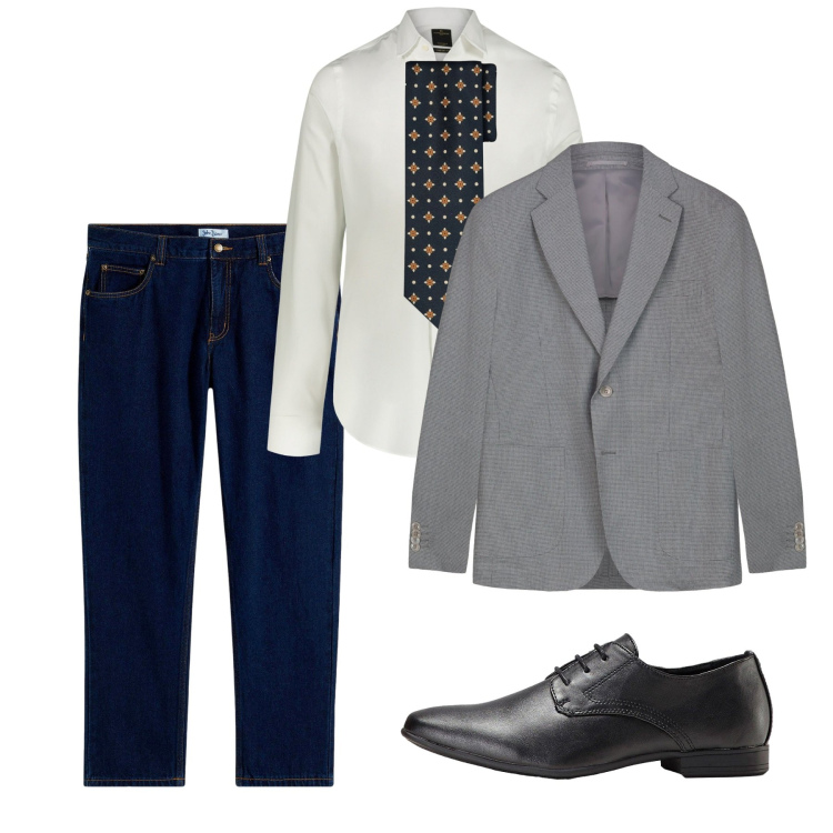 Outfit uomo - Settembre. Stile Casual per Ufficio. Abbinamento con scarpe stringate, jeans dritti, camicie, giacche, cravatte.