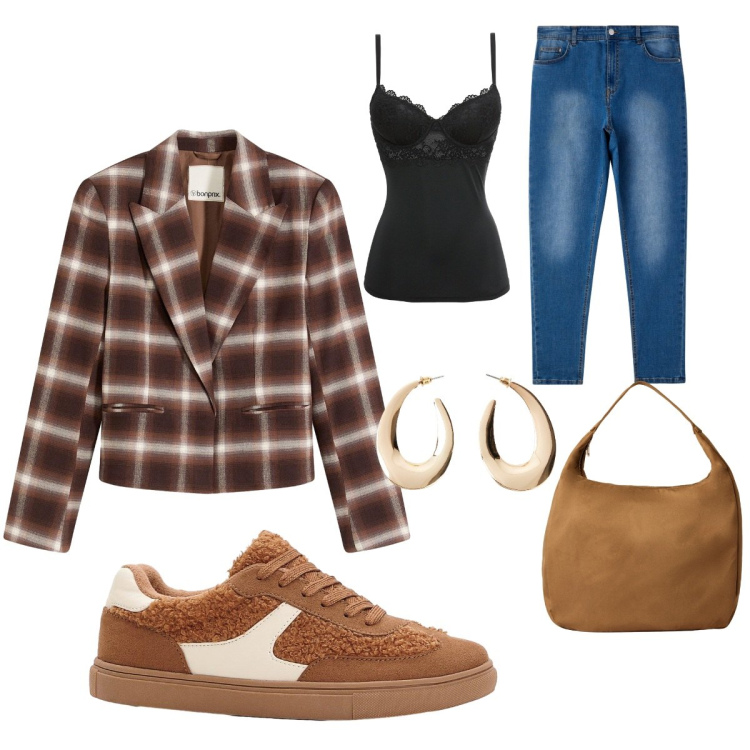 Outfit donna - Un pò autunno. Stile Casual per Tutti i giorni. look ideale per Petite. Abbinamento con canottiere, orecchini, sneakers, blazer, borse a mano, jeans skinny.