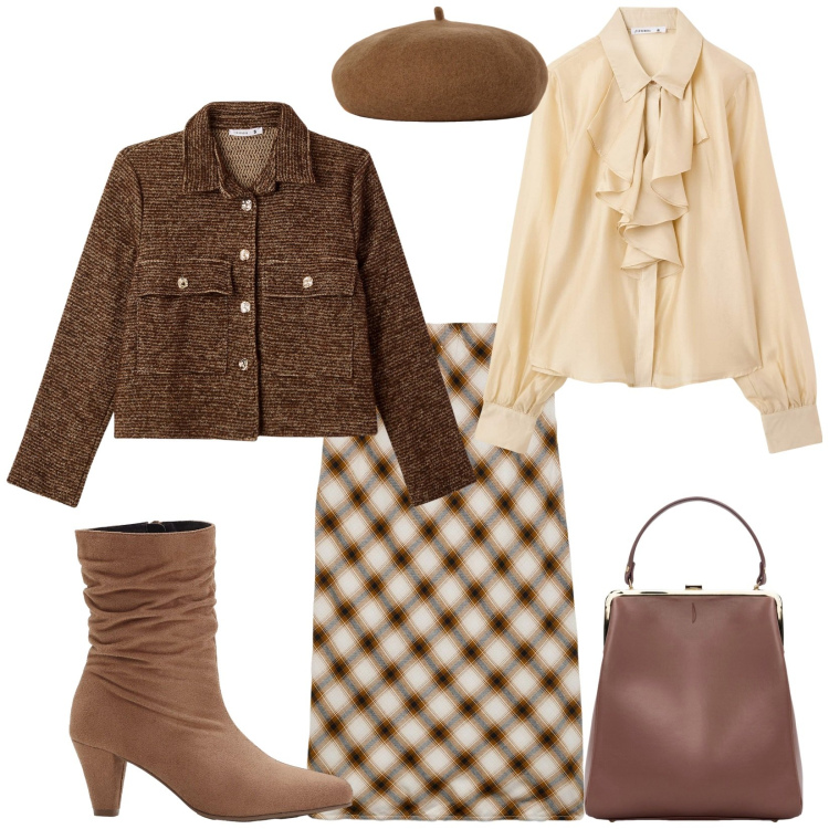 Outfit donna - Total look #2255536. Stile Vintage retrò per Scuola/Università. Abbinamento con gonne longuette, stivaletti, camicie, blazer, borse a spalla, cappelli e berretti.
