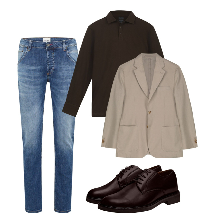 Outfit uomo - Fall. Stile Casual per Tutti i giorni. Abbinamento con jeans dritti, scarpe stringate, giacche, polo.