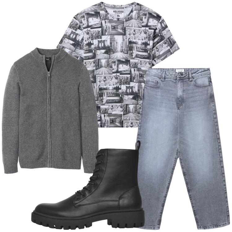 Outfit uomo - Total look #2255539. Stile Casual per Tutti i giorni. Abbinamento con cardigans, t-shirt, anfibi, jeans.