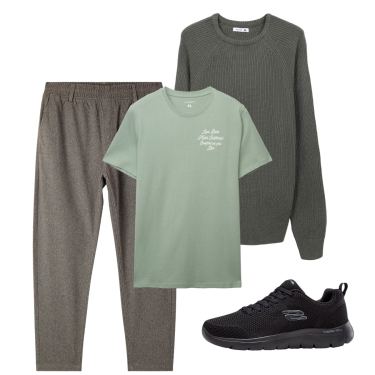 Outfit uomo - Settembre. Stile Casual per Tutti i giorni. Abbinamento con sneakers, maglieria, pantaloni, t-shirt.