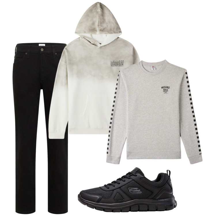 Outfit uomo - Autunno. Stile Urban per Tutti i giorni. Abbinamento con sneakers, jeans dritti, felpe con cappuccio, felpe.