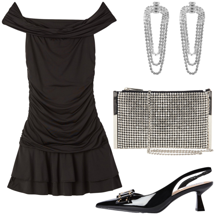 Outfit donna - Serata con lui. Stile Glamour per Serata fuori. Abbinamento con orecchini, vestiti corti, décolleté, pochette.