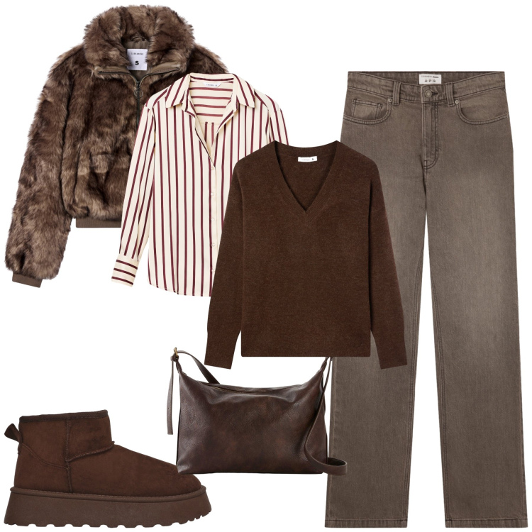 Outfit donna - Sportiva e glamour. Stile Glamour per Tutti i giorni. Abbinamento con borse a tracolla, maglieria, camicie, jeans bootcut, stivaletti, ecopellicce.