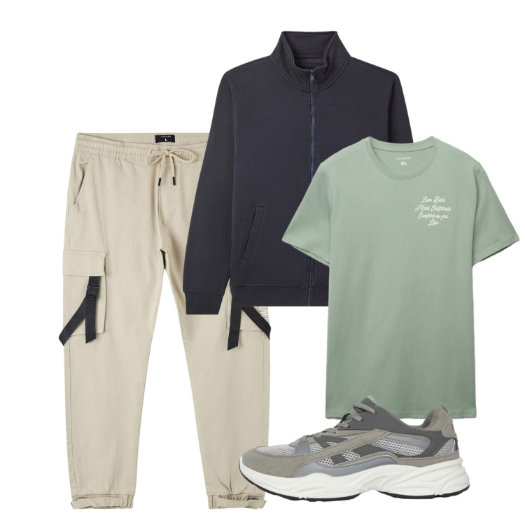Outfit uomo - Sporty a settembre. Stile Urban per Tutti i giorni. Abbinamento con pantaloni cargo, sneakers, giacche, t-shirt.