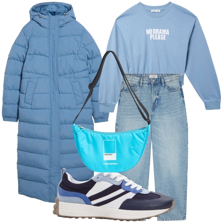 Outfit donna - Sotto un cielo montano. Stile Casual per Tutti i giorni. Abbinamento con sneakers, cappotti, jeans, marsupi, felpe.