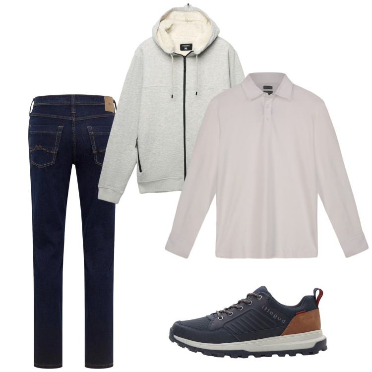 Outfit uomo - Settembre. Stile Casual per Tutti i giorni. Abbinamento con jeans dritti, sneakers, felpe con cappuccio, polo.