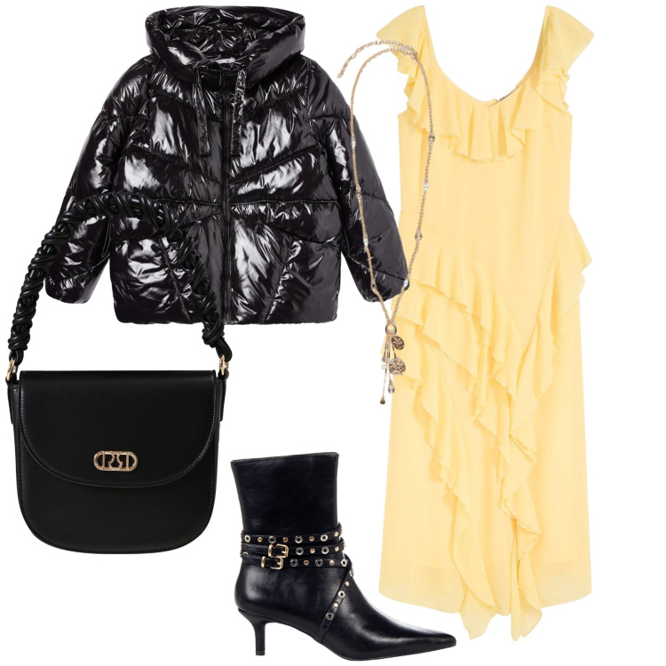 Outfit donna - Riutilizzare il vestito estivo. Stile Trendy per Serata fuori. Abbinamento con vestiti, bomber, stivaletti, borse a mano, ciondoli.