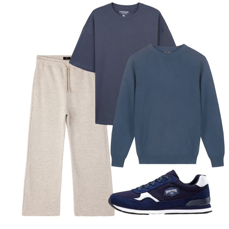Outfit uomo - In città. Stile Casual per Tutti i giorni. Abbinamento con sneakers, pantaloni, t-shirt, maglieria.
