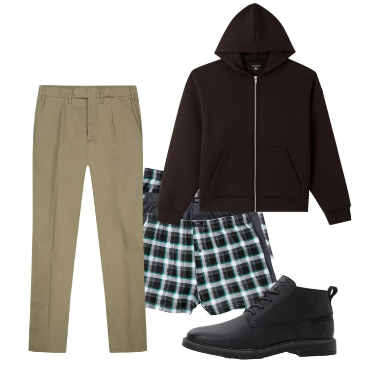 Outfit uomo - Settembre. Stile Casual per Tutti i giorni. Abbinamento con boxer, stivali e stivaletti, felpe con cappuccio, pantaloni.