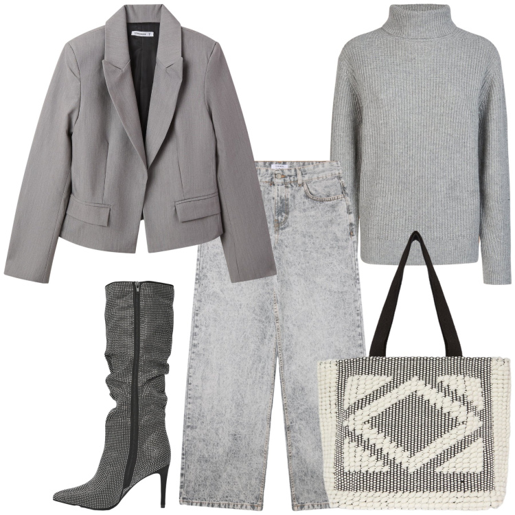 Outfit donna - Insospettabile stivale. Stile Urban per Ufficio. Abbinamento con blazer, jeans boyfriend, stivali, maglieria, shopping bag.
