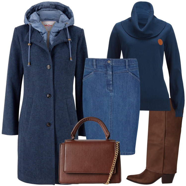Outfit donna - Blu e marrone. Stile Glamour per Tutti i giorni. Abbinamento con cappotti, maglieria, gonne, borse a tracolla, stivali sopra il ginocchio.
