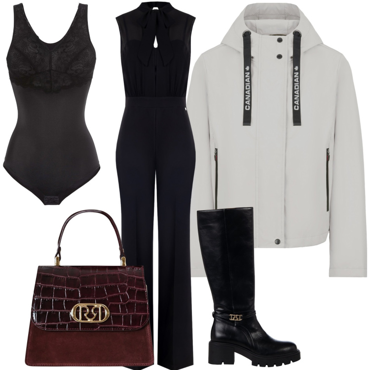 Outfit donna - Tuta e felpa con amici. Stile Trendy per Tutti i giorni. Abbinamento con body, tute, stivali sopra il ginocchio, borse a mano, blazer.