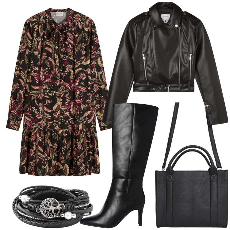 Outfit donna - Città. Stile Urban per Tutti i giorni. Abbinamento con braccialetti, vestiti midi/longuette, borse tote, giacche, stivali sopra il ginocchio.