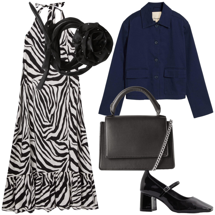 Outfit donna - Un romantico zebrato. Stile Glamour per Serata fuori. Abbinamento con blazer, décolleté, collane, vestiti lunghi, borse a tracolla.