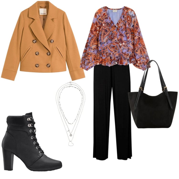 Outfit donna - Autunno alle porte. Stile Bon Ton per Serata fuori. look ideale per Petite. Abbinamento con caban, bluse, stivaletti, pantaloni, collane, shopping bag.