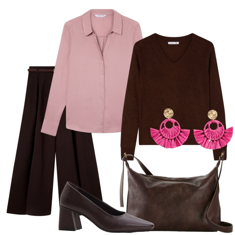Outfit donna - Giornate lavorative. Stile Basic per Ufficio. Abbinamento con orecchini, décolleté, borse a tracolla, camicie, maglieria, pantaloni.