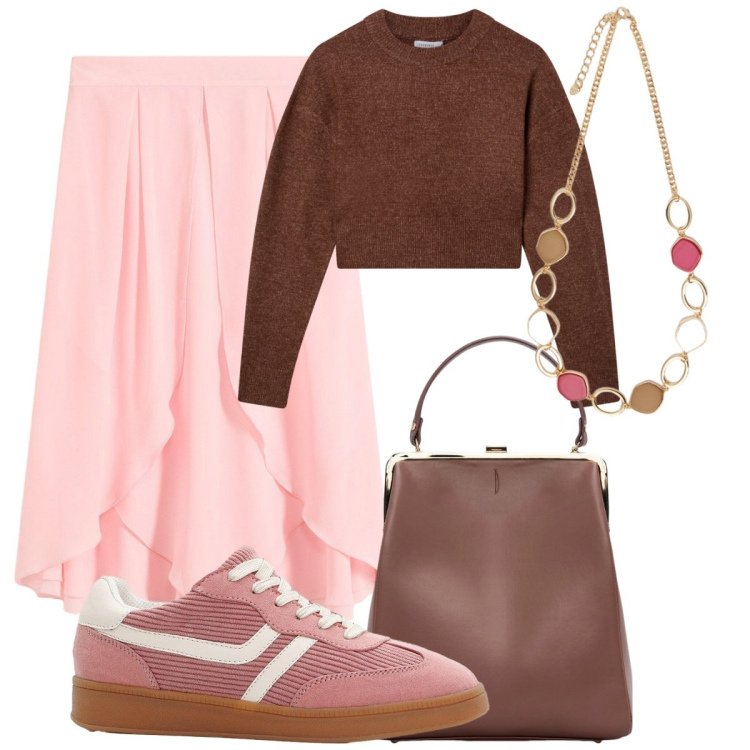 Outfit donna - La gonna rosa. Stile Basic per Tutti i giorni. Abbinamento con sneakers, gonne longuette, maglieria, borse a spalla, collane.