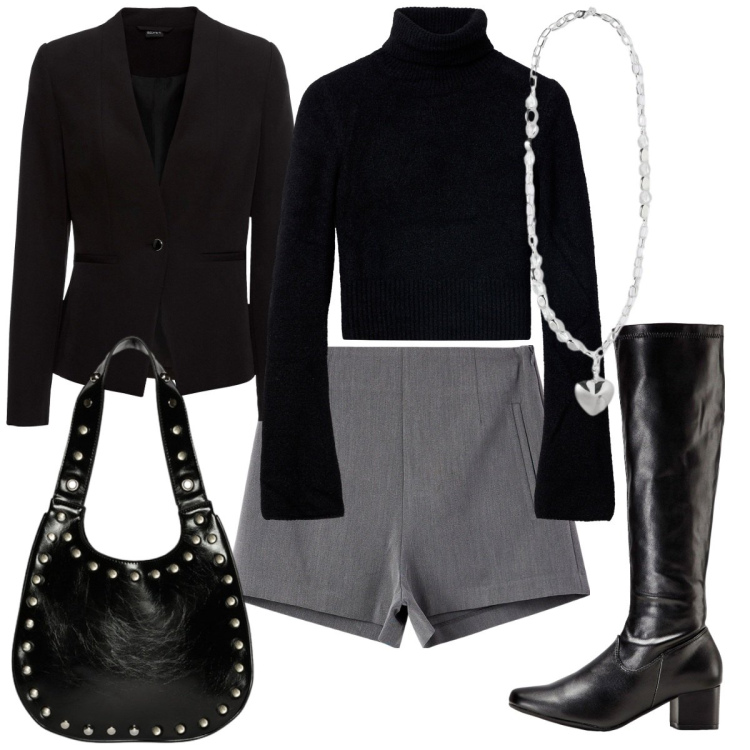 Outfit donna - Dolcevita. Stile Casual chic per Serata fuori. Abbinamento con blazer, stivali, shorts, maglieria, collane, borse a spalla.