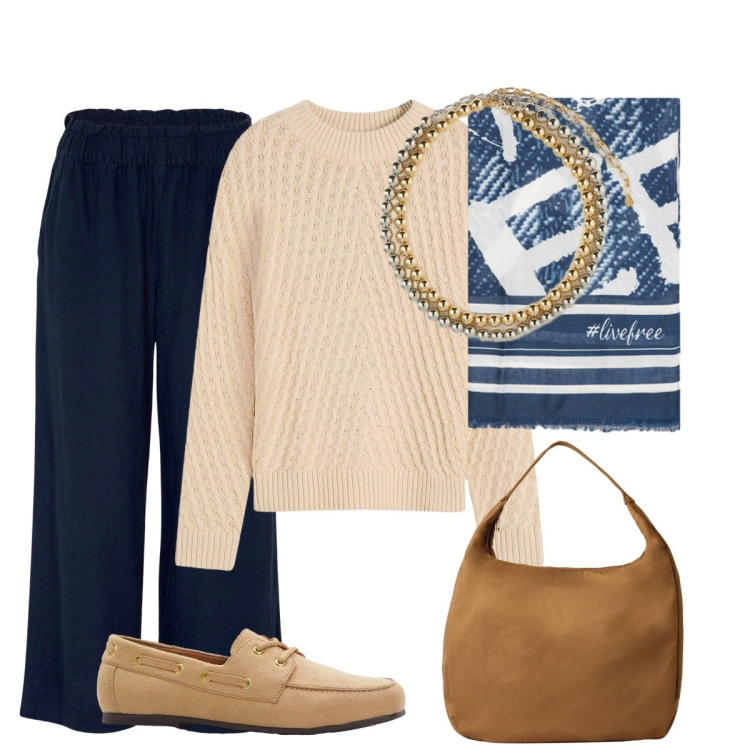 Outfit donna - Blu e beige accoppiata vincente. Stile Casual chic per Tutti i giorni. Abbinamento con pantaloni capri, maglieria, mocassini, borse a mano, collane, foulard.