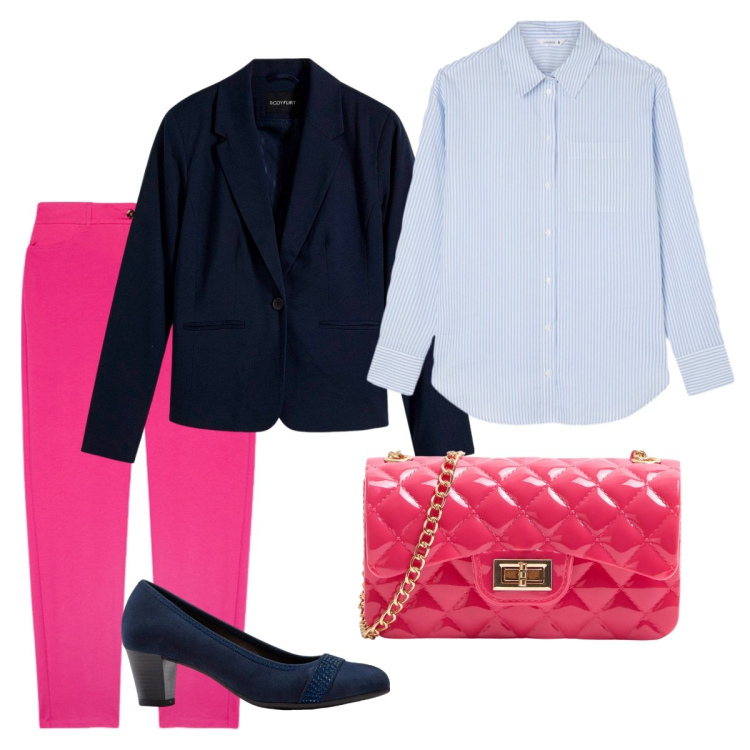 Outfit donna - La camicia a righe. Stile Basic per Tutti i giorni. Abbinamento con blazer, décolleté, borse a tracolla, camicie, pantaloni chino.