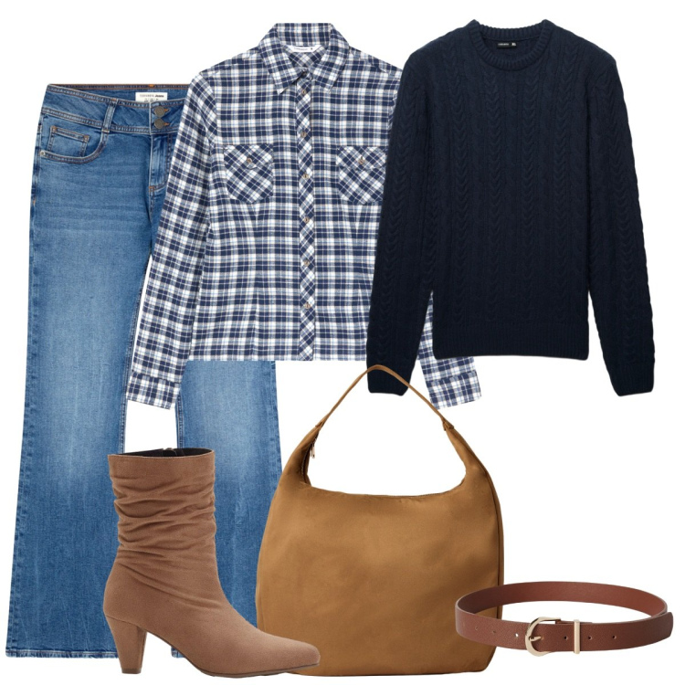 Outfit donna - Quadri. Stile Casual per Tutti i giorni. Abbinamento con stivaletti, borse a mano, jeans a zampa, camicie, cinture, pullovers.