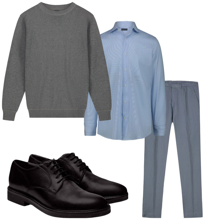 Outfit uomo - In ufficio. Stile Business/Elegante per Ufficio. Abbinamento con scarpe stringate, pantaloni, maglieria, camicie.