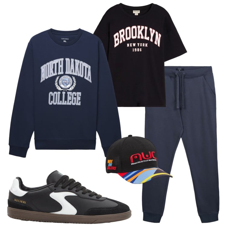 Outfit uomo - Verso la palestra. Stile Casual per Sport. Abbinamento con t-shirt, sneakers, cappelli, felpe sportive, pantaloni sportivi.