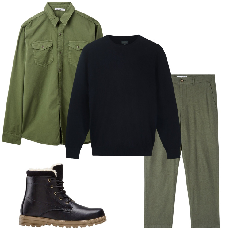 Outfit uomo - Con gli amici. Stile Urban per Tutti i giorni. Abbinamento con stivali e stivaletti, camicie, pantaloni, maglieria.