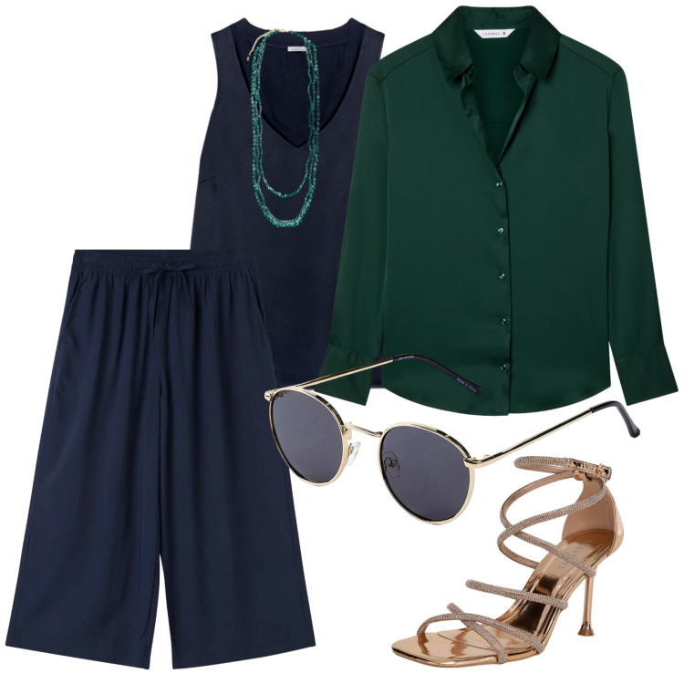 Outfit donna - Il top sotto la camicia. per Ufficio. Abbinamento con occhiali da sole, pantaloni a palazzo, sandali col tacco, camicie, collane, top.