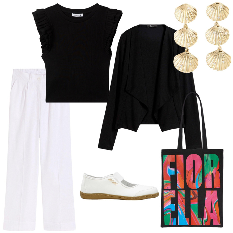 Outfit donna - Buongiorno signora. per Tutti i giorni. Abbinamento con blazer, ballerine, pantaloni a palazzo, t-shirt, orecchini, borse tote.