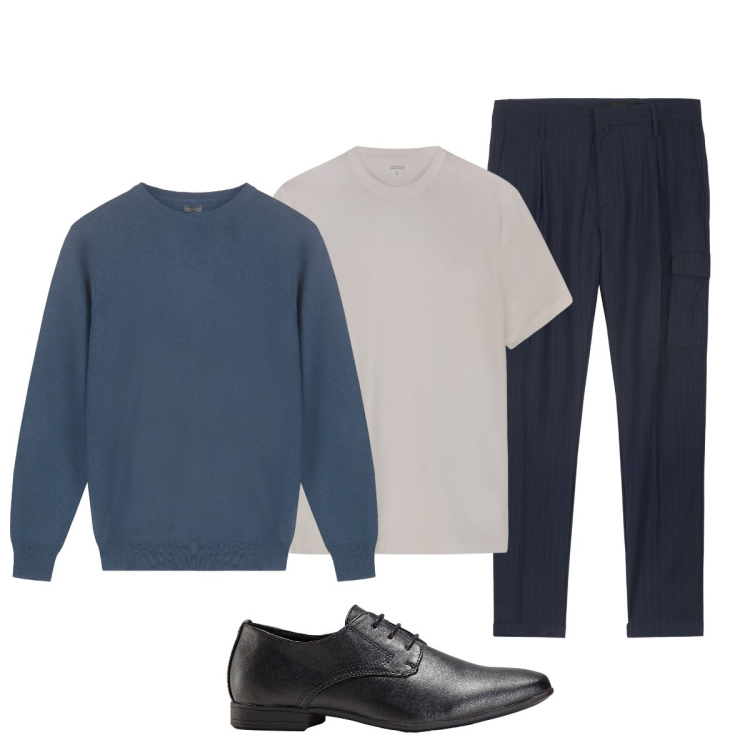 Outfit uomo - Serata con gli amici. Stile Trendy per Serata speciale. Abbinamento con scarpe stringate, pantaloni cargo, t-shirt, maglieria.