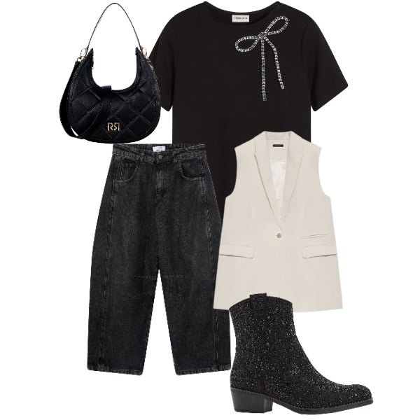 Outfit donna - Passeggiata glam. Stile Urban per Tutti i giorni. Abbinamento con stivaletti texani, t-shirt, jeans, borse a tracolla, gilet.