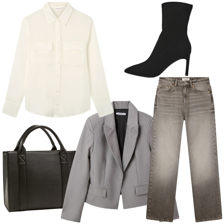 Outfit donna - Ufficio. Stile Casual per Ufficio. Abbinamento con camicie, blazer, borse tote, stivali, jeans dritti.