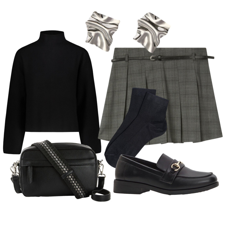 Outfit donna - Gonna a pieghe e mocassino nero. Stile Casual per Tutti i giorni. Abbinamento con mocassini, borse a tracolla, minigonne, maglieria, orecchini, collant.