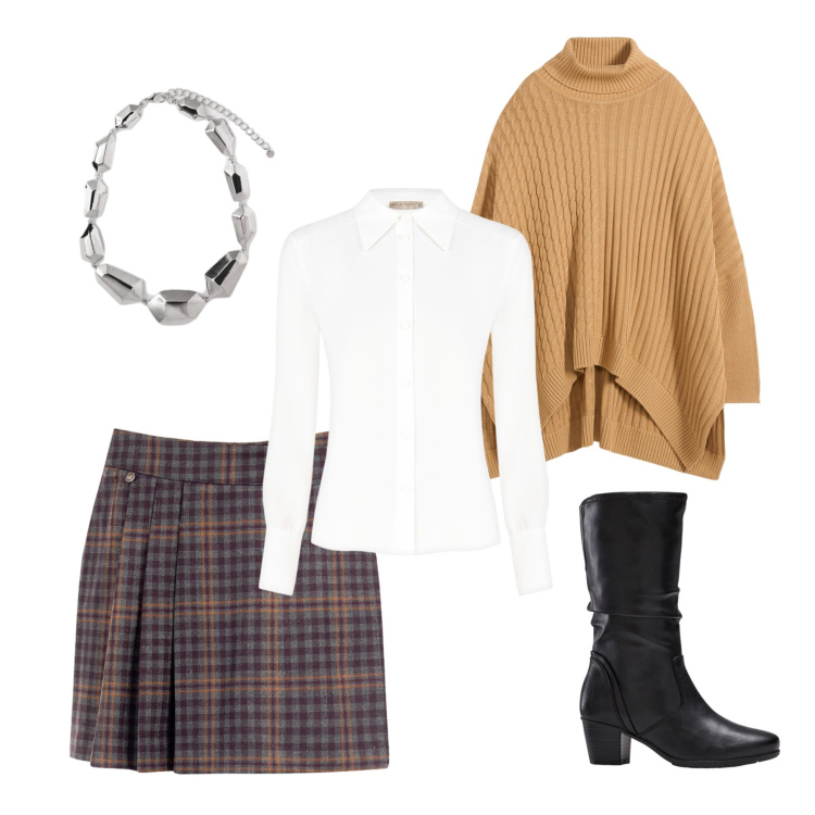 Outfit donna - Salutando settembre. Stile Casual per Ufficio. Abbinamento con stivali, maglieria, minigonne, camicie, ciondoli.