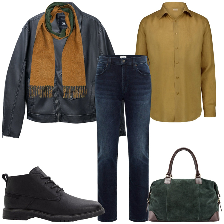 Outfit uomo - Total look #2255599. Stile Casual per Tutti i giorni. Abbinamento con jeans slim fit, stivali e stivaletti, giacche, camicie, sciarpe, borse sportive.