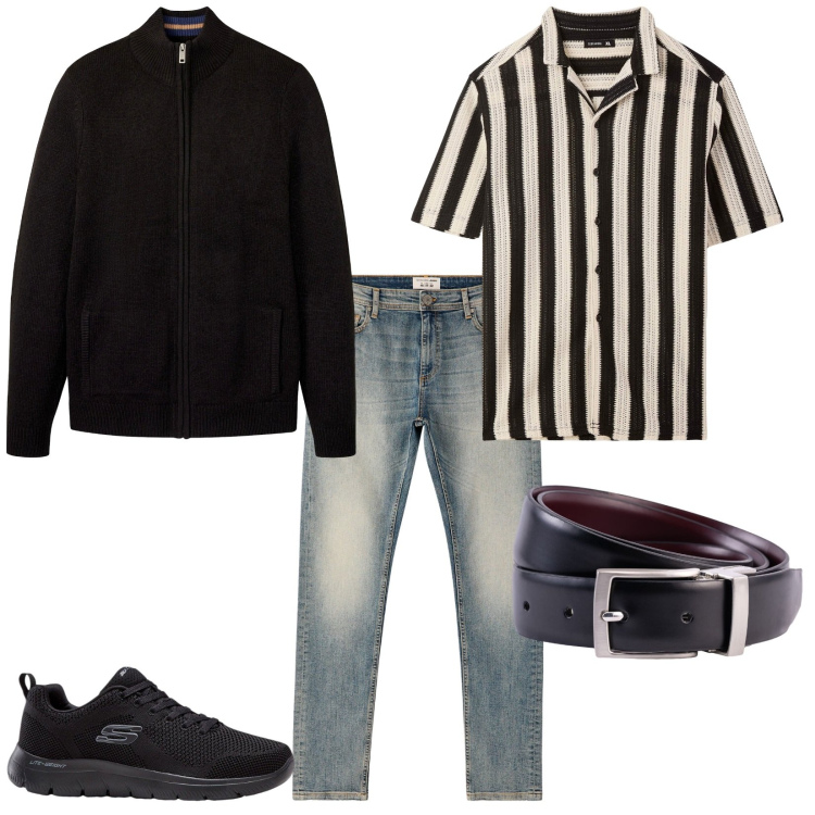 Outfit uomo - Total look #2255600. Stile Casual per Tutti i giorni. Abbinamento con sneakers, cardigans, camicie a manica corta, jeans skinny, cinture.