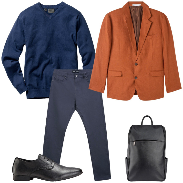 Outfit uomo - Total look #2255602. Stile Casual per Ufficio. Abbinamento con scarpe stringate, maglieria, pantaloni skinny, giacche, borse sportive.