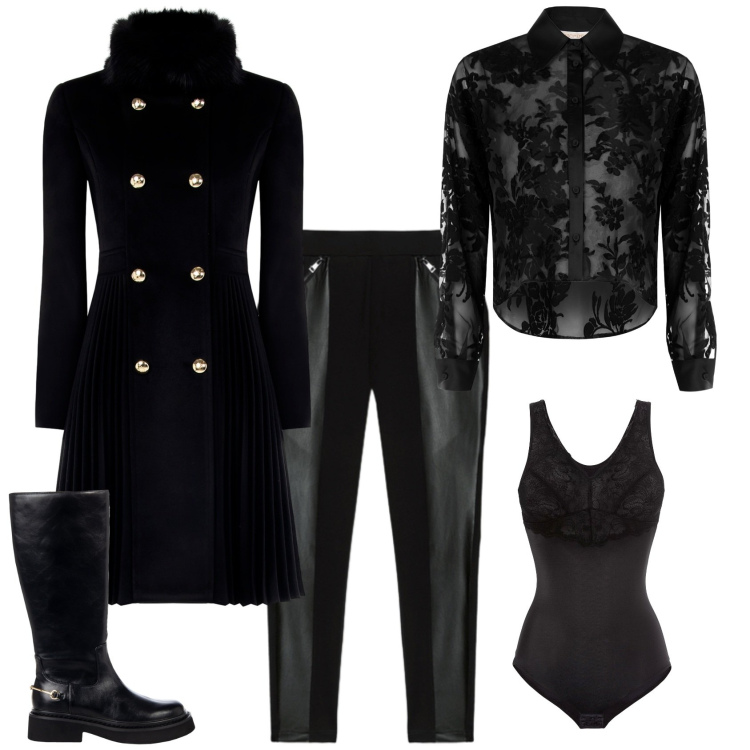 Outfit donna - Rock chic. Stile Chic per Serata fuori. Abbinamento con body, cappotti, camicie, stivali sopra il ginocchio, leggings.