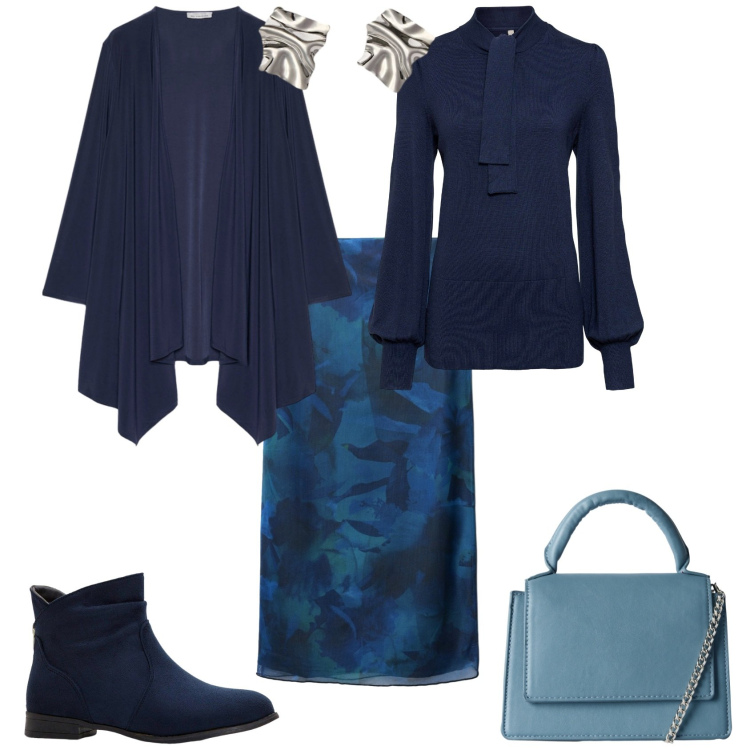Outfit donna - Total look #2255606. Stile Casual chic per Tutti i giorni. Abbinamento con maglieria, stivaletti, gonne lunghe, borse a tracolla, blazer, orecchini.