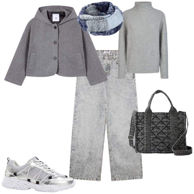 Outfit donna - Total look #2255612. Stile Casual per Tutti i giorni. Abbinamento con foulard, borse a mano, sneakers, caban, jeans boyfriend, maglieria.