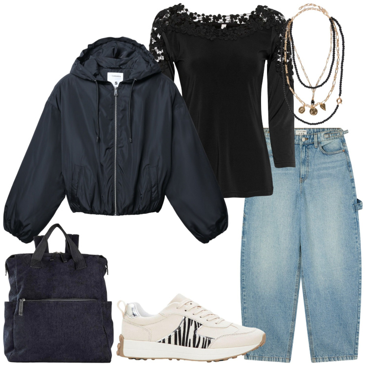 Outfit donna - Total look #2255614. Stile Urban per Scuola/Università. Abbinamento con maglieria, sneakers, zaini, bomber, jeans, collane.