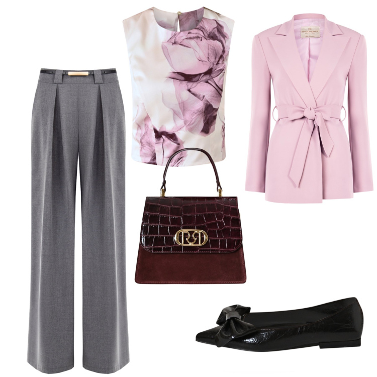Outfit donna - Woman in grey. Stile Bon Ton per Ufficio. Abbinamento con pantaloni a palazzo, top, blazer, ballerine, borse a mano.