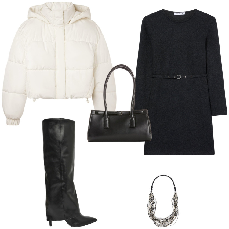 Outfit donna - Total look #2255617. Stile Minimal per Serata fuori. Abbinamento con borse a mano, vestiti midi/longuette, stivali, bomber, collane.